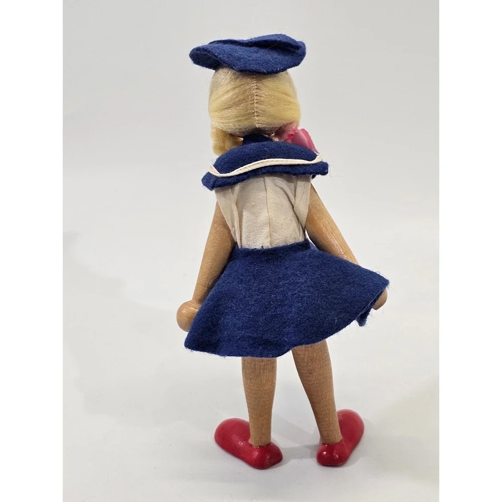 VINTAGE Peg Doll Wooden Articulated Sailor Felt Navy Blue Souvenir Toy 7.5